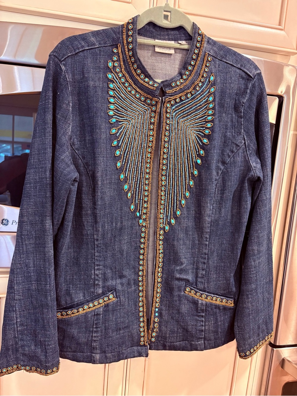 Vintage beaded denim fitted jacket embellished w brush gold and turquoise beads